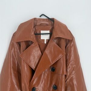 Avec Les Filles Double Breasted Faux Leather Belted Glossy Trench Coat